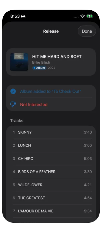 A confirmation screen showing an album added to the "To Check Out" playlist, with a Not Interested option below it.