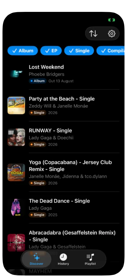 The Discover tab showing catalog releases from artists already in the library, filterable by Album, EP, Single, and Comp.