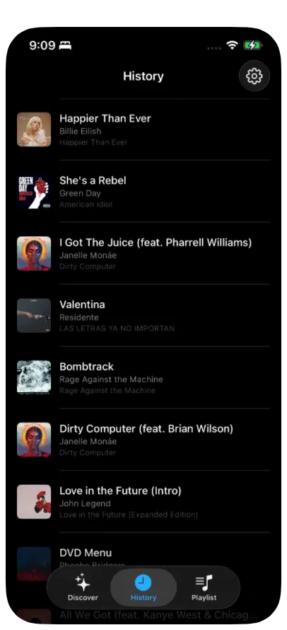 The History tab showing tracks listened to on playlists and radio, with artist and album names.
