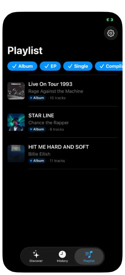 The Playlist tab showing the "To Check Out" queue, with albums and EPs from several artists.
