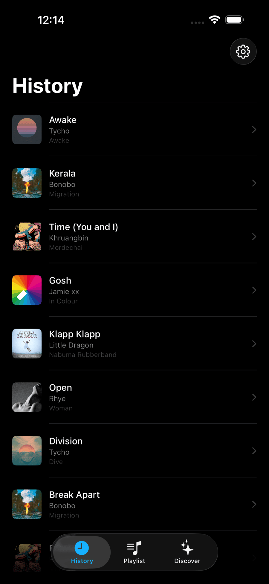 The History tab showing tracks listened to on playlists and radio, with artist and album names.
